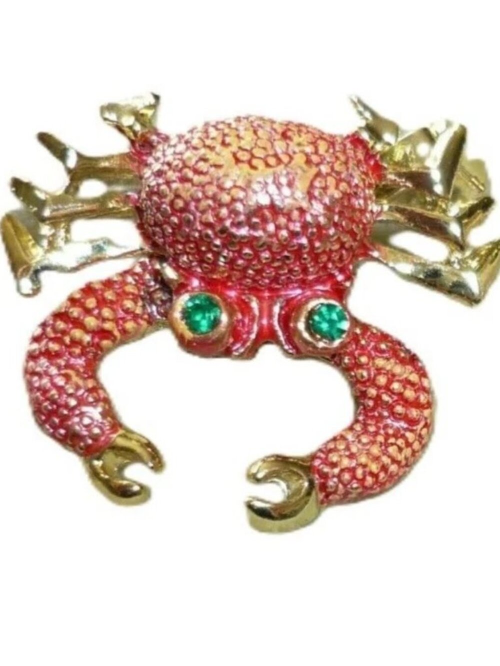 Vintage Set Of Enamel Gold Tone Crab Brooch Pins With Green Eyes & Moving Claws